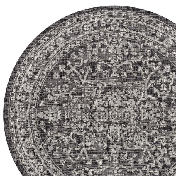HomeRoots 8' Black and Gray Round Medallion Rug – Stylish, Durable, and Easy-Care for Indoor/Outdoor Use! 704259