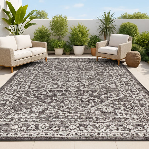 HomeRoots 9' Medallion Area Rug - Black & Gray Indoor/Outdoor Durable Design for Elegant Spaces & Easy Care 704261