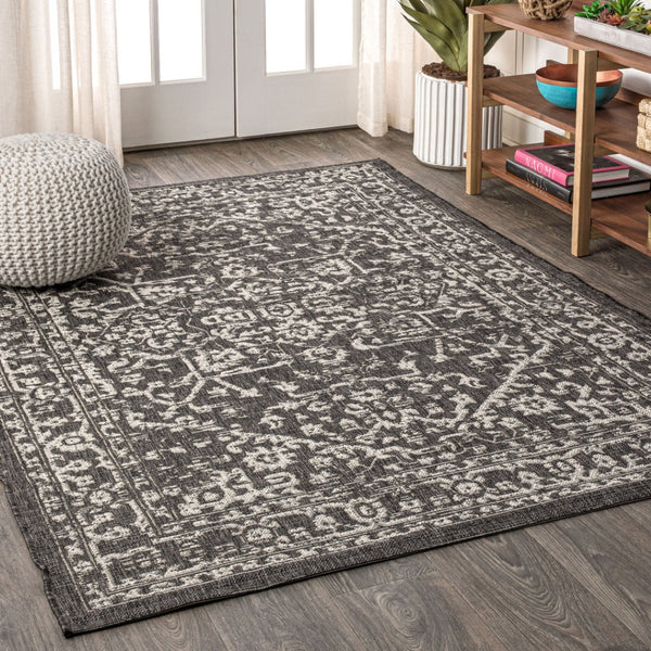 HomeRoots 9' Medallion Area Rug - Black & Gray Indoor/Outdoor Durable Design for Elegant Spaces & Easy Care 704261