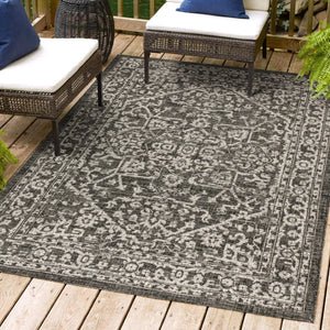 HomeRoots 9' Medallion Area Rug - Black & Gray Indoor/Outdoor Durable Design for Elegant Spaces & Easy Care 704261