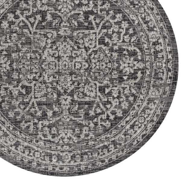 HomeRoots 9' Black and Gray Round Medallion Rug - Stylish Indoor/Outdoor Area Rug for High-Traffic Spaces 704262