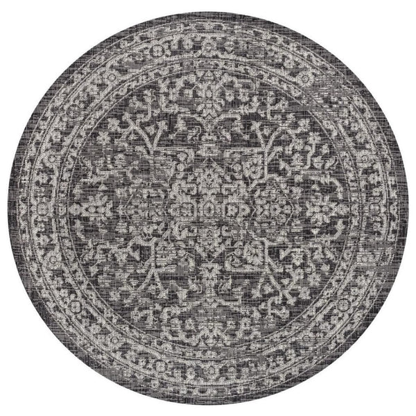 HomeRoots 9' Black and Gray Round Medallion Rug - Stylish Indoor/Outdoor Area Rug for High-Traffic Spaces 704262