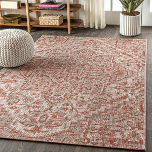HomeRoots 10' Red & Taupe Medallion Area Rug – Durable Indoor/Outdoor Design, Low Maintenance, Versatile Use! 704264