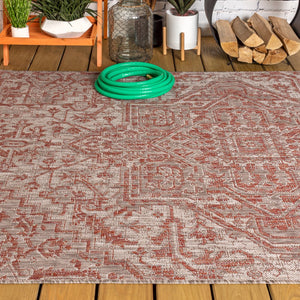 HomeRoots 10' Red & Taupe Medallion Area Rug – Durable Indoor/Outdoor Design, Low Maintenance, Versatile Use! 704264