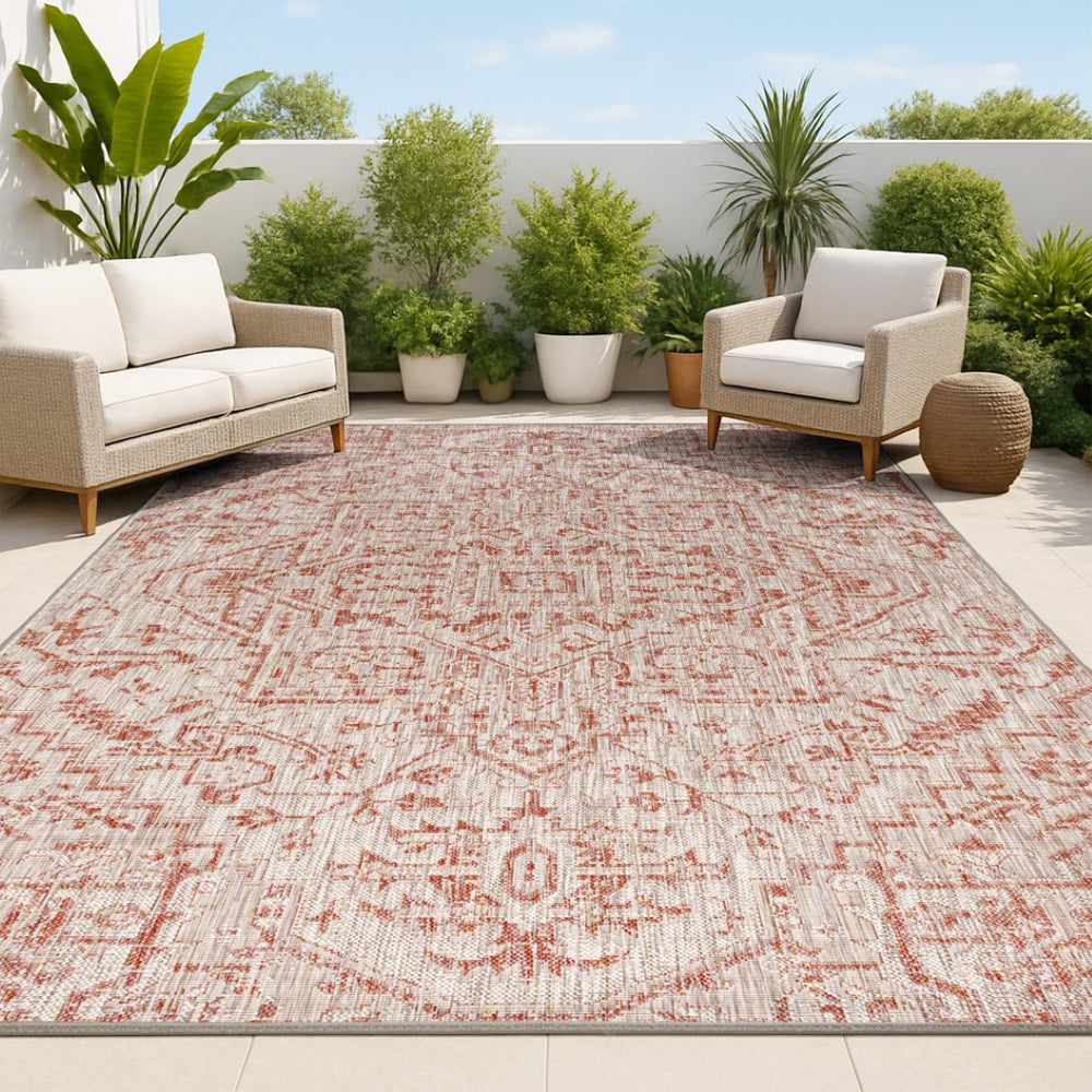 HomeRoots 6' Red and Taupe Medallion Area Rug - Stylish Indoor-Outdoor Design, Durable, Easy Care, 6x9 Size 704266