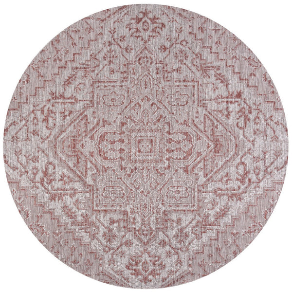 HomeRoots 6' Round Medallion Area Rug in Red & Taupe - Stylish Indoor/Outdoor Design for Any Space! 704267