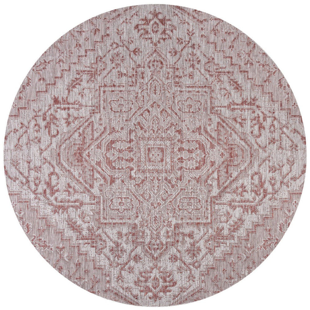 HomeRoots 6' Round Medallion Area Rug in Red & Taupe - Stylish Indoor/Outdoor Design for Any Space! 704267