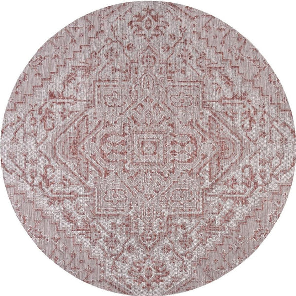 HomeRoots 8' Round Medallion Rug in Red & Taupe - Indoor/Outdoor, Durable, Low Maintenance, Stylish Design 704269
