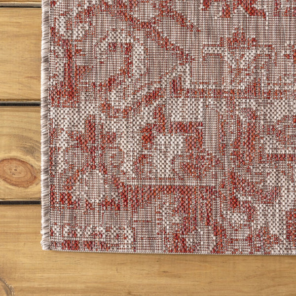HomeRoots 8' Round Medallion Rug in Red & Taupe - Indoor/Outdoor, Durable, Low Maintenance, Stylish Design 704269