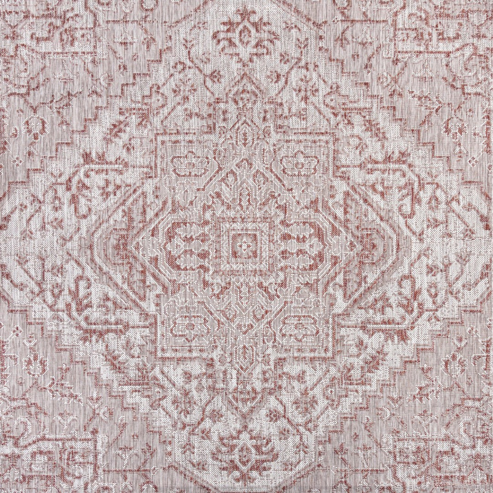 HomeRoots 8' Square Medallion Rug in Red & Taupe - Stylish Indoor/Outdoor Area Rug for Modern Living Spaces 704270