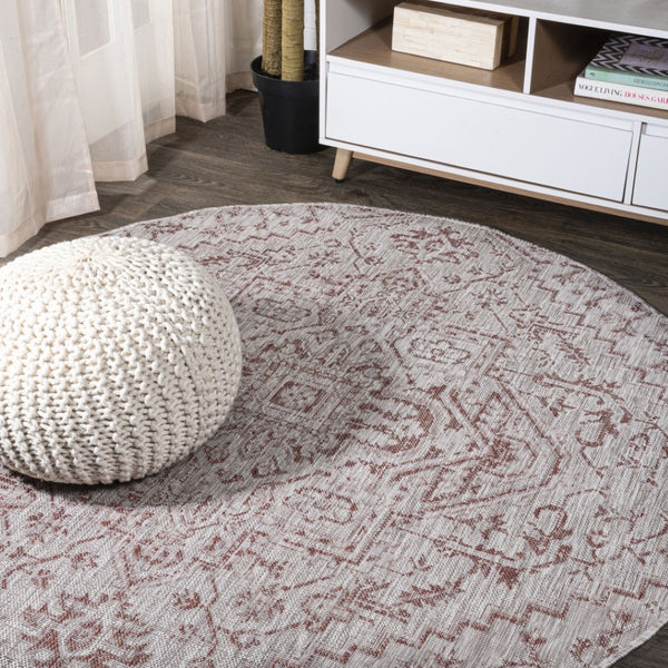 HomeRoots 9' Round Medallion Area Rug in Bold Red & Taupe - Perfect for Indoor/Outdoor Spaces, Durable Design 704271