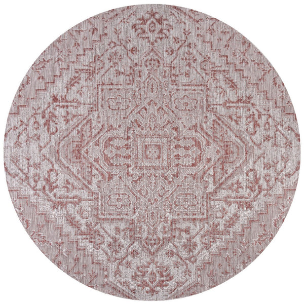 HomeRoots 9' Round Medallion Area Rug in Bold Red & Taupe - Perfect for Indoor/Outdoor Spaces, Durable Design 704271
