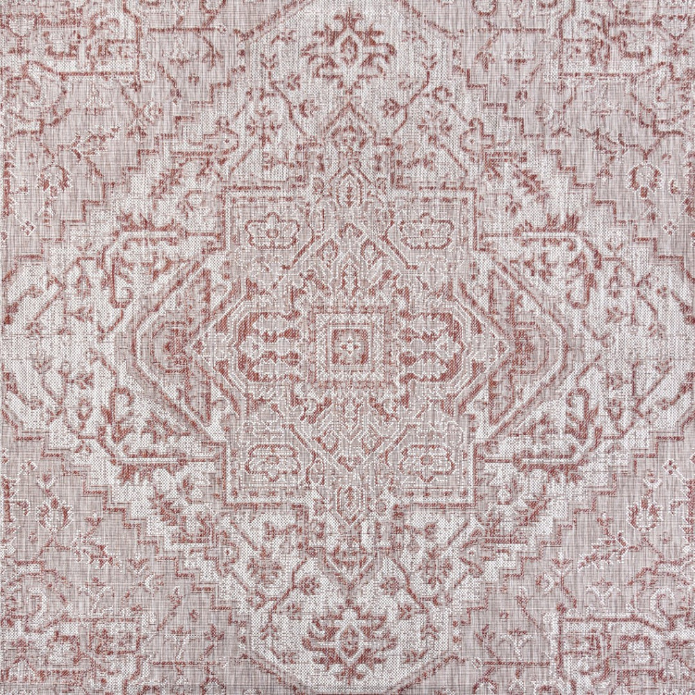 HomeRoots 9' Square Medallion Indoor Outdoor Area Rug in Bold Red and Taupe - Durable, Stylish, Easy Care! 704272
