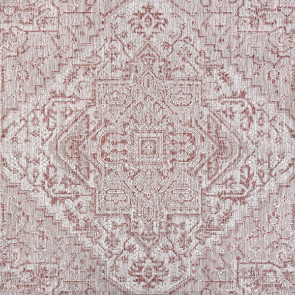 HomeRoots 9' Square Medallion Indoor Outdoor Area Rug in Bold Red and Taupe - Durable, Stylish, Easy Care! 704272