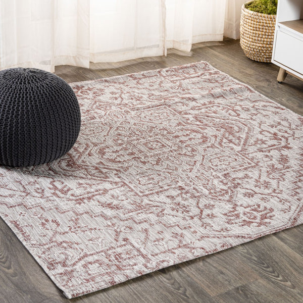 HomeRoots 9' Square Medallion Indoor Outdoor Area Rug in Bold Red and Taupe - Durable, Stylish, Easy Care! 704272