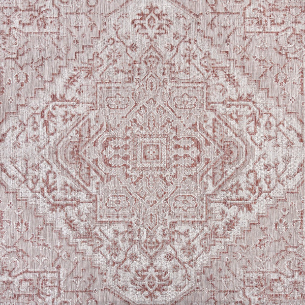 HomeRoots 9' Square Medallion Indoor Outdoor Area Rug in Bold Red and Taupe - Durable, Stylish, Easy Care! 704272