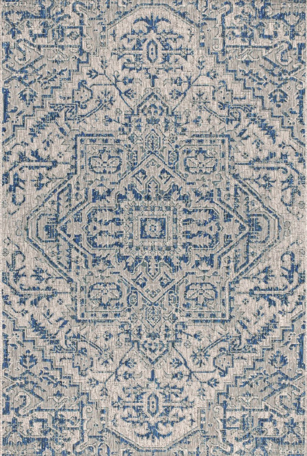 HomeRoots 6' Navy Blue and Gray Medallion Area Rug - Versatile Indoor/Outdoor Style, Fade-Resistant, Easy Care! 704274