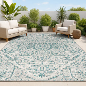 HomeRoots 10' Teal Blue & Gray Medallion Area Rug – Stylish Indoor & Outdoor Durable Design for Any Space 704275