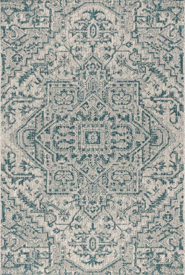 HomeRoots 10' Teal Blue & Gray Medallion Area Rug – Stylish Indoor & Outdoor Durable Design for Any Space 704275