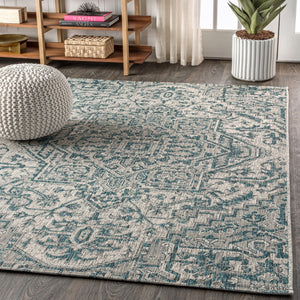 HomeRoots 10' Teal Blue & Gray Medallion Area Rug – Stylish Indoor & Outdoor Durable Design for Any Space 704275