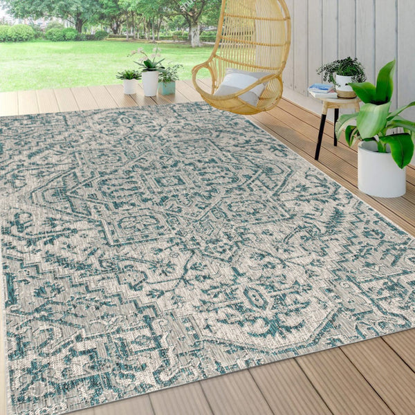 HomeRoots 10' Teal Blue & Gray Medallion Area Rug – Stylish Indoor & Outdoor Durable Design for Any Space 704275