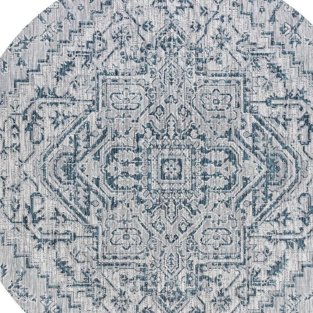 HomeRoots 6' Teal Blue and Gray Round Medallion Rug - Durable, Stylish, Indoor-Outdoor Area Essential! 704278