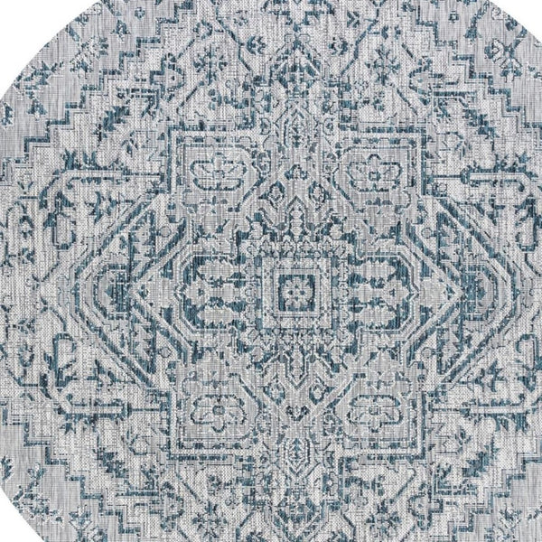 HomeRoots 6' Teal Blue and Gray Round Medallion Rug - Durable, Stylish, Indoor-Outdoor Area Essential! 704278