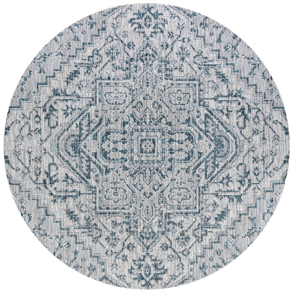HomeRoots 6' Teal Blue and Gray Round Medallion Rug - Durable, Stylish, Indoor-Outdoor Area Essential! 704278