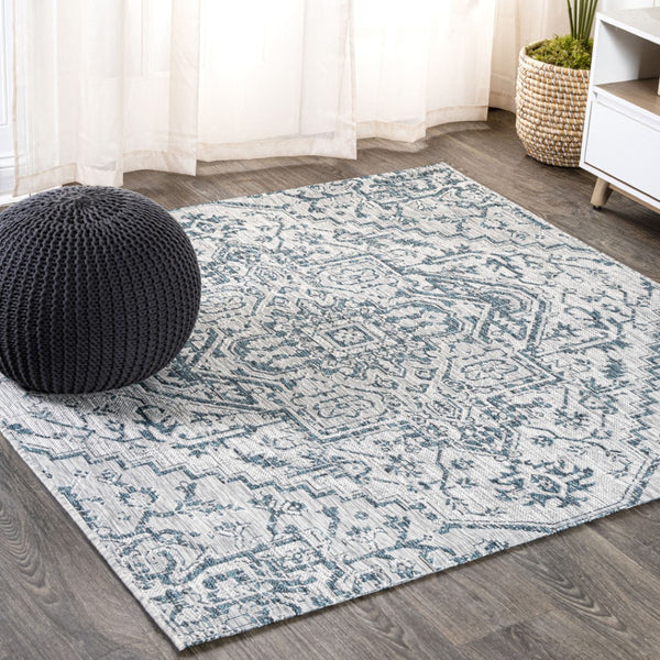 HomeRoots 6' Teal Blue and Gray Square Medallion Area Rug - Stylish, Durable, Indoor/Outdoor Versatile Design 704279