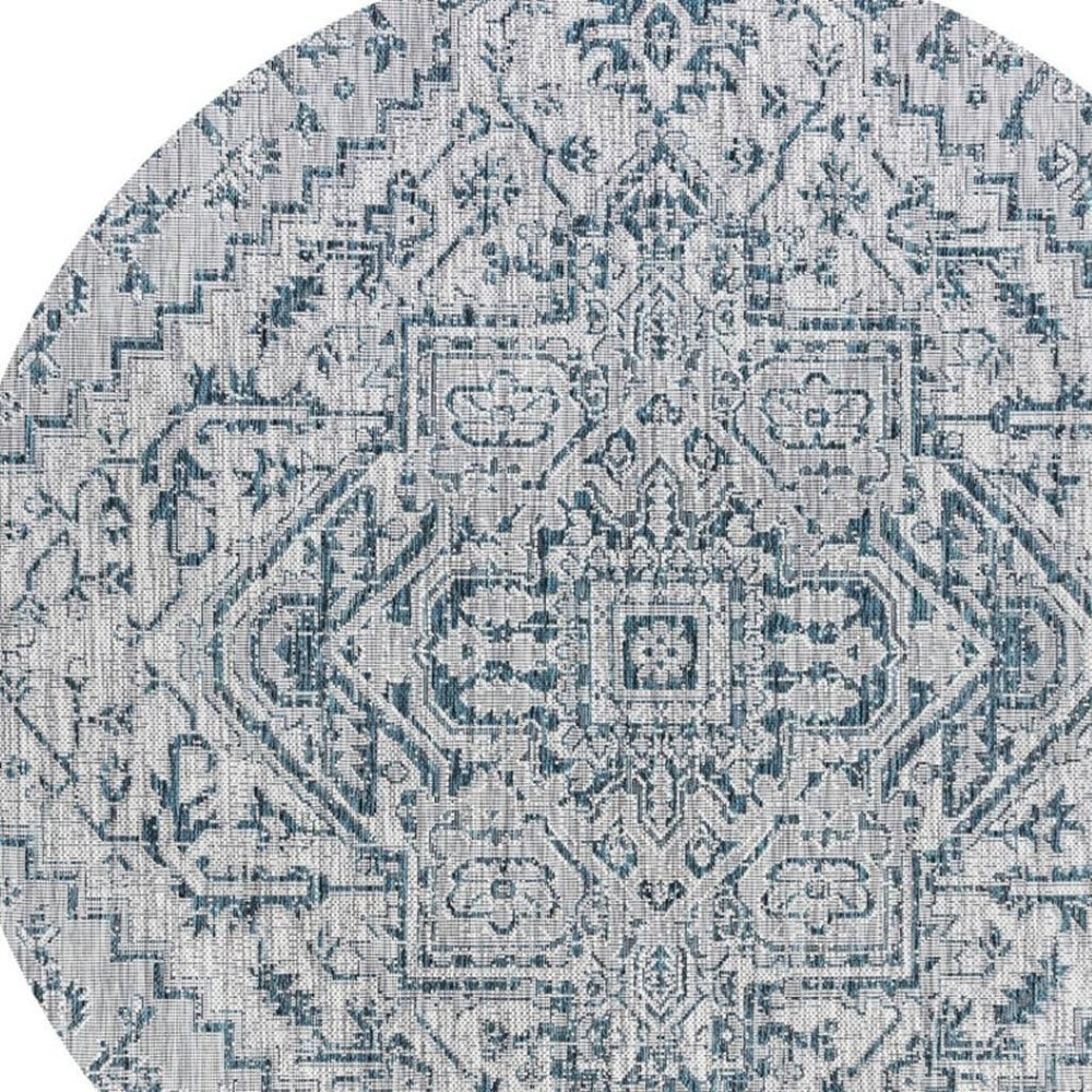HomeRoots 8' Teal Blue and Gray Round Medallion Area Rug - Durable, Stylish for Indoor & Outdoor Spaces! 704280