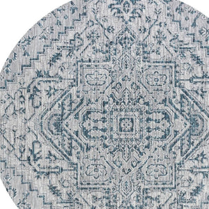 HomeRoots 8' Teal Blue and Gray Round Medallion Area Rug - Durable, Stylish for Indoor & Outdoor Spaces! 704280