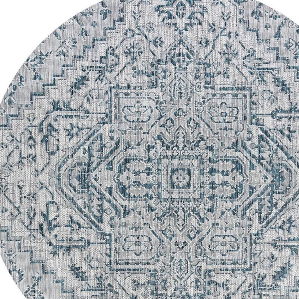 HomeRoots 8' Teal Blue and Gray Round Medallion Area Rug - Durable, Stylish for Indoor & Outdoor Spaces! 704280