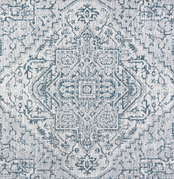 HomeRoots 8' Teal Blue and Gray Square Medallion Rug - Durable Indoor/Outdoor Area Rug for Stylish Spaces 704281