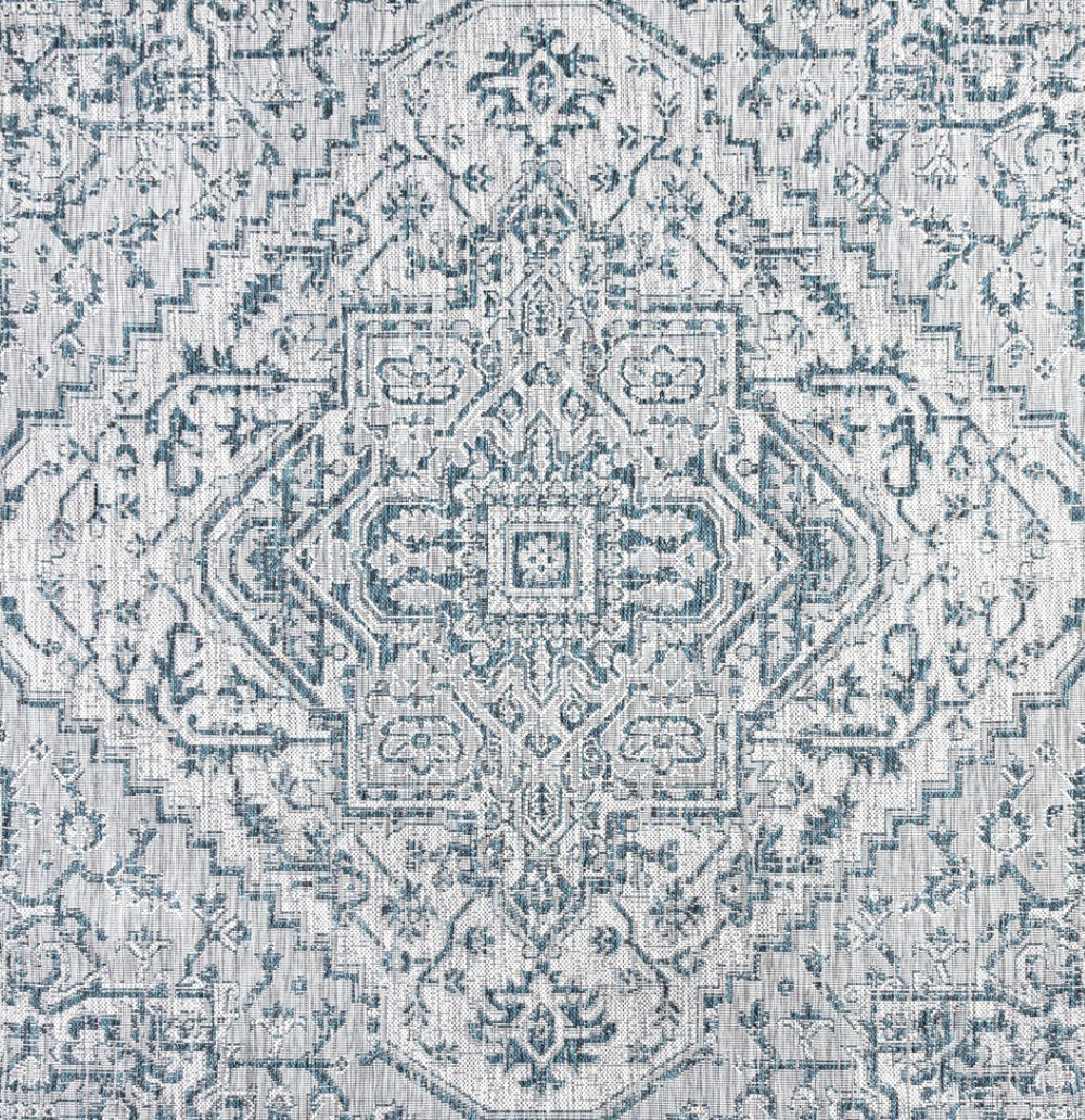 HomeRoots 8' Teal Blue and Gray Square Medallion Rug - Durable Indoor/Outdoor Area Rug for Stylish Spaces 704281