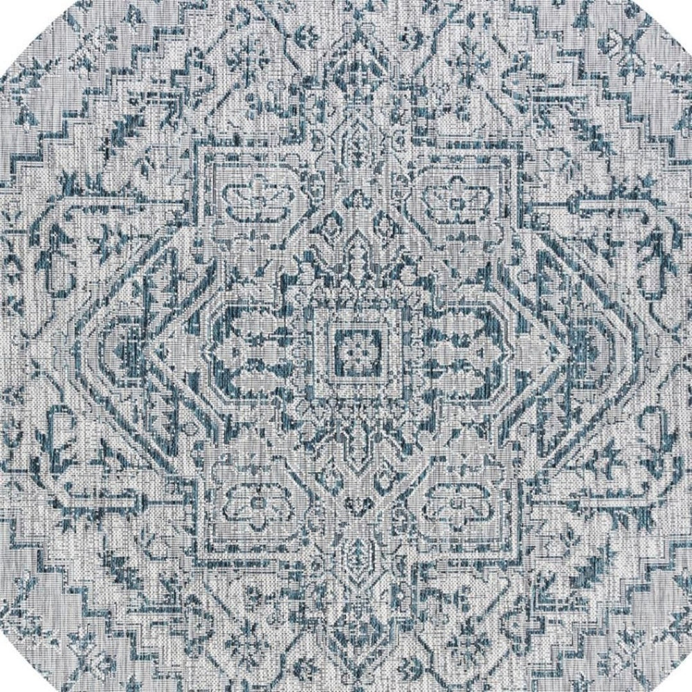 HomeRoots 9' Teal Blue & Gray Round Medallion Rug - Stylish, Durable, Indoor/Outdoor Area Decor for Any Space 704282