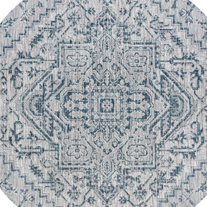 HomeRoots 9' Teal Blue & Gray Round Medallion Rug - Stylish, Durable, Indoor/Outdoor Area Decor for Any Space 704282