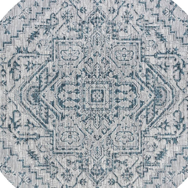 HomeRoots 9' Teal Blue & Gray Round Medallion Rug - Stylish, Durable, Indoor/Outdoor Area Decor for Any Space 704282