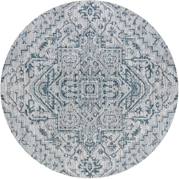 HomeRoots 9' Teal Blue & Gray Round Medallion Rug - Stylish, Durable, Indoor/Outdoor Area Decor for Any Space 704282