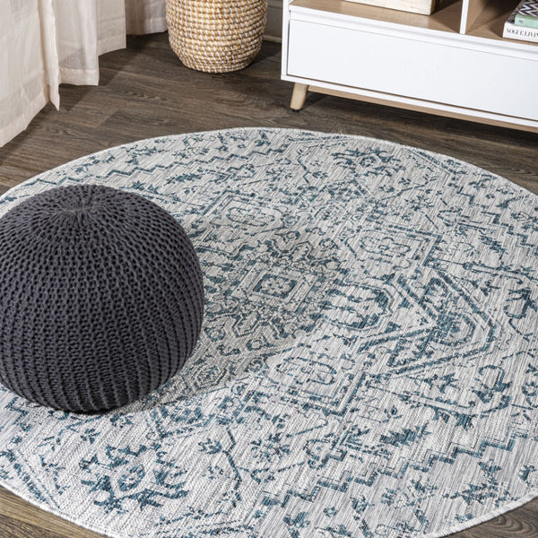 HomeRoots 9' Teal Blue & Gray Round Medallion Rug - Stylish, Durable, Indoor/Outdoor Area Decor for Any Space 704282