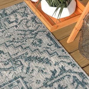 HomeRoots 9' Teal Blue & Gray Round Medallion Rug - Stylish, Durable, Indoor/Outdoor Area Decor for Any Space 704282