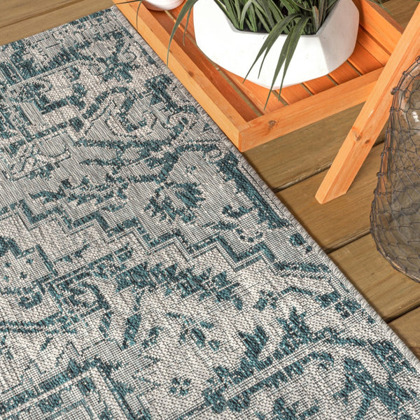 HomeRoots 9' Teal Blue & Gray Round Medallion Rug - Stylish, Durable, Indoor/Outdoor Area Decor for Any Space 704282
