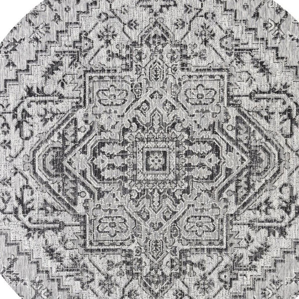 HomeRoots 6' Black and Gray Round Medallion Area Rug - Indoor/Outdoor Durable, Stylish, Low-Maintenance Design 704287