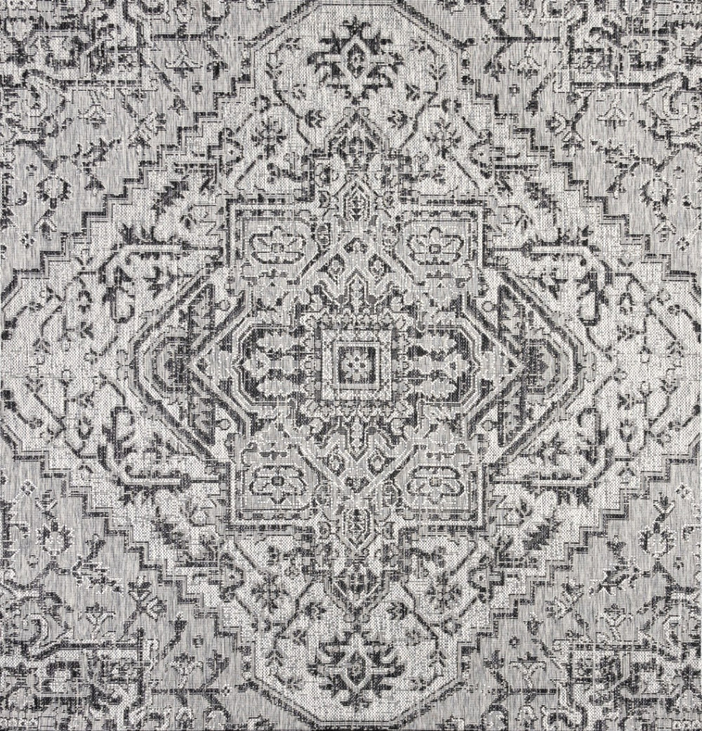 HomeRoots 6' Black and Gray Square Medallion Area Rug – Weather-Resistant, Stylish, Indoor/Outdoor Essential 704288