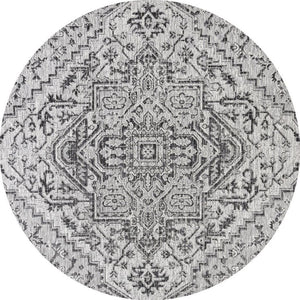 HomeRoots 8' Black and Gray Round Medallion Rug - Stylish Indoor/Outdoor Accent for Modern Living Spaces 704289
