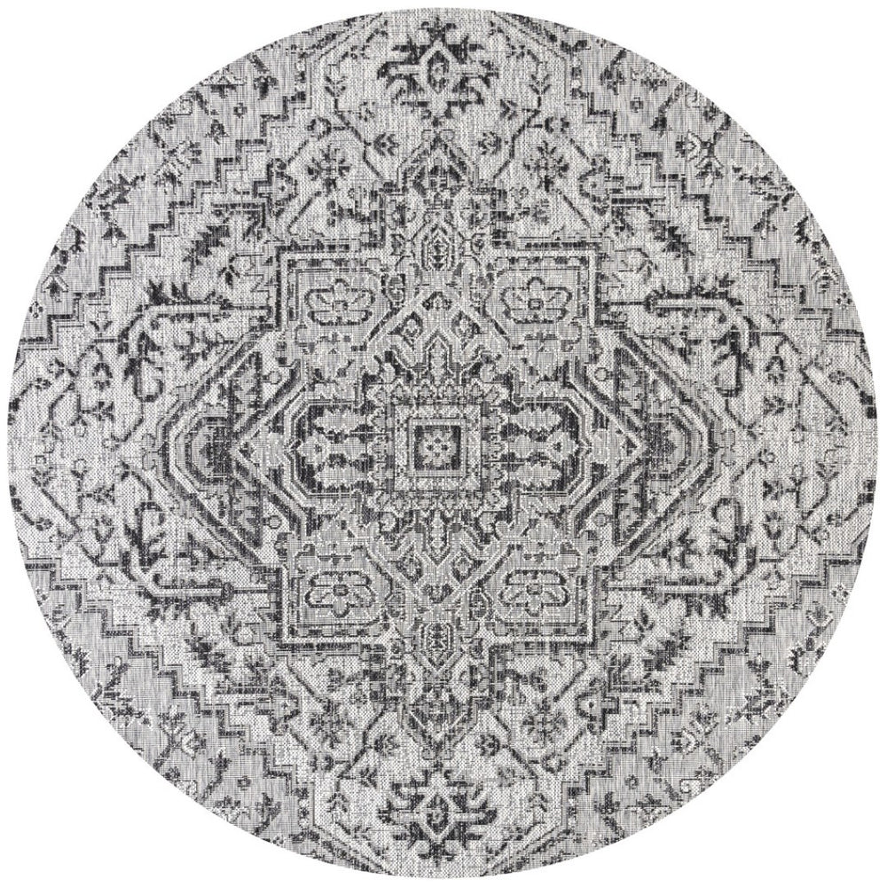 HomeRoots 9' Black and Gray Round Medallion Rug – Stylish Indoor/Outdoor Accent for Modern Spaces, Easy Care! 704291