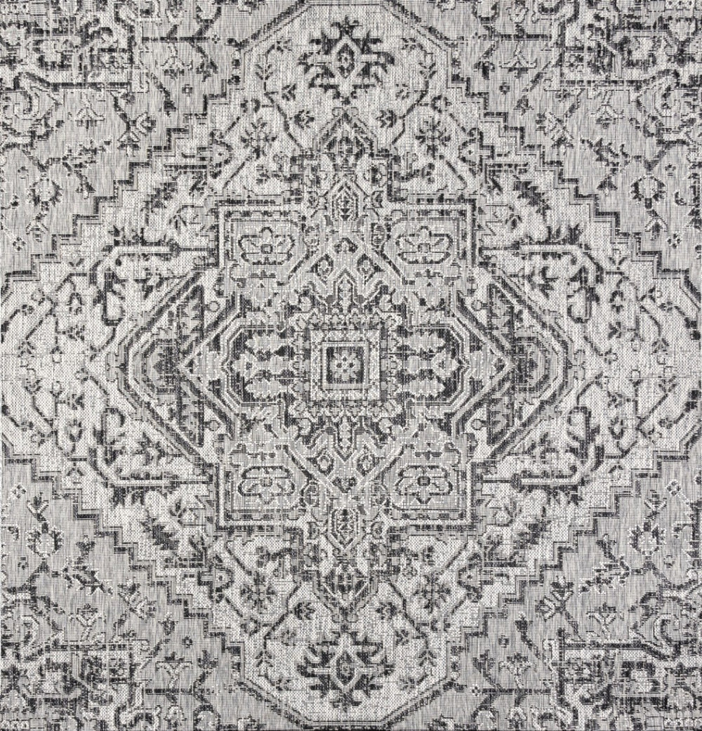 HomeRoots 9' Square Medallion Area Rug - Stylish Black & Gray Design for Indoor/Outdoor Spaces, Durable & Easy Care 704292