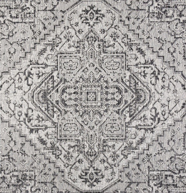 HomeRoots 9' Square Medallion Area Rug - Stylish Black & Gray Design for Indoor/Outdoor Spaces, Durable & Easy Care 704292