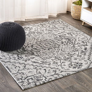 HomeRoots 9' Square Medallion Area Rug - Stylish Black & Gray Design for Indoor/Outdoor Spaces, Durable & Easy Care 704292