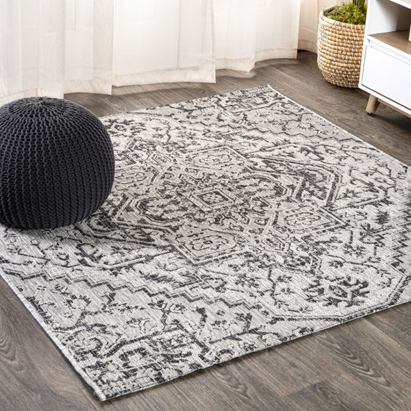HomeRoots 9' Square Medallion Area Rug - Stylish Black & Gray Design for Indoor/Outdoor Spaces, Durable & Easy Care 704292