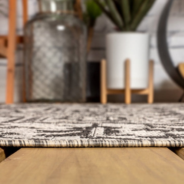 HomeRoots 9' Square Medallion Area Rug - Stylish Black & Gray Design for Indoor/Outdoor Spaces, Durable & Easy Care 704292